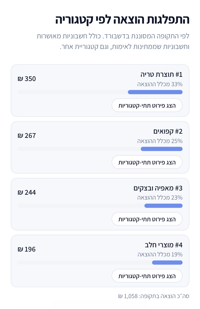 צילום מסך של הוצאות לפי קטגוריות